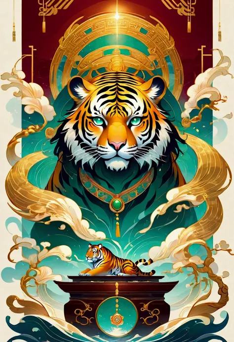 A majestic flat illustration capturing the essence of the Year of the Tiger, a celebratory emblem from the Chinese zodiac. The central figure is a fiercely elegant tiger, rendered in a minimalist yet intricate style that accentuates its power and grace. Th...