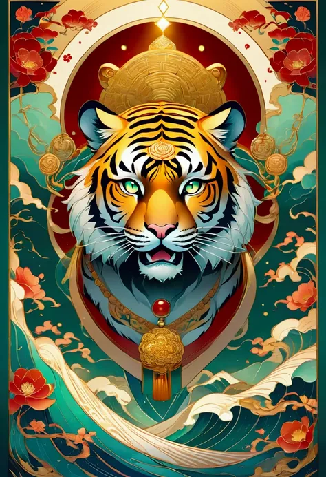 A majestic flat illustration capturing the essence of the Year of the Tiger, a celebratory emblem from the Chinese zodiac. The central figure is a fiercely elegant tiger, rendered in a minimalist yet intricate style that accentuates its power and grace. Th...