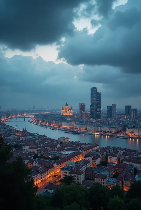 Future Budapest city with signature buildings seen from an airplane:1.5,thunder:1.4,port,skyscraper,master piece,highest quality,ultra high resolution,(Super detailed:1.2),8K,photorealistic,best aesthetic,beautiful
