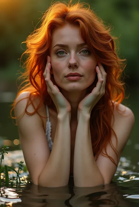 Portrait dune rousse de 40 ans aux yeux verts, Frenchwoman, navel close-up, cour, unbuttoned white blouse, pas de soutien gorge, petits seins,  poitrine, culotte dentelle, lying in the water of a river, vegetation, Ultra-detailed skin texture, sexuality, s...