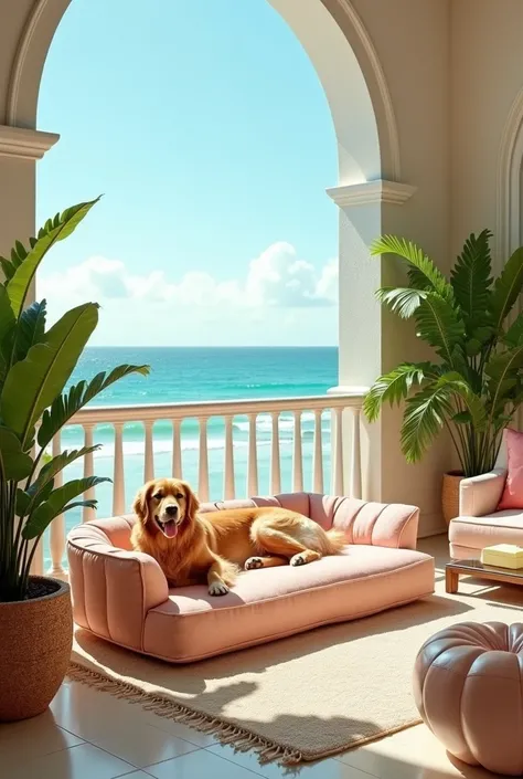 Advertisement image for a dog bed by Pretty Petty brand. The setting is a beachside hotel.