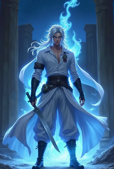 male、cool、Silver Hair、Blue Eyes、knife、White clothing with black armband、Blue Flame