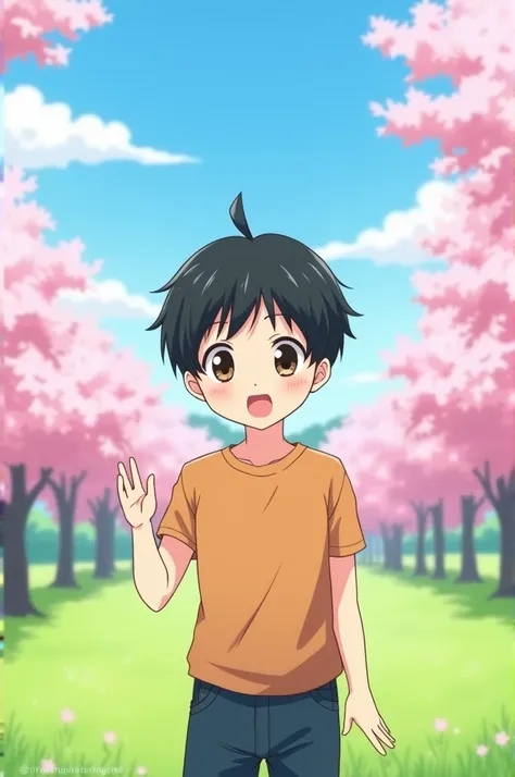 Simple anima boy character standing ( black hair ) (brown eyes) (hand in explaining gesture)