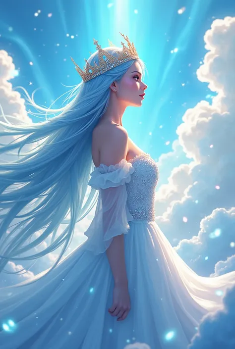 ((best quality)), ((masterpiece)), (detailed), A beautiful princess, with light-element magic and wind-element magic, and also has light-blue hair, and wears a crown on her head, in anime style.