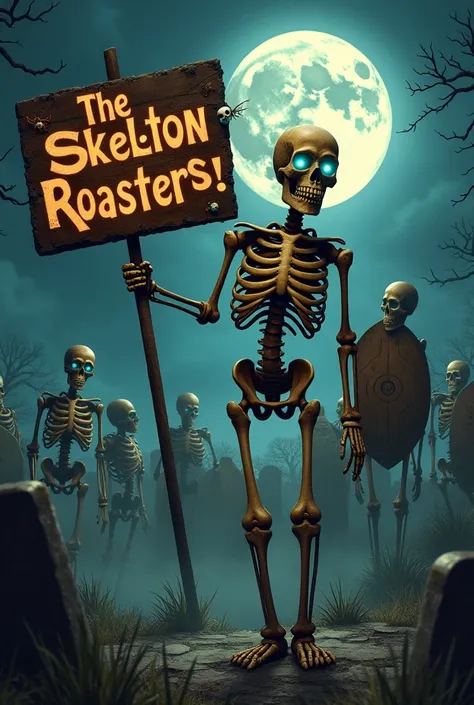 A skeleton army and a skleton holding a sign that says "The skeleton roasters are here!"