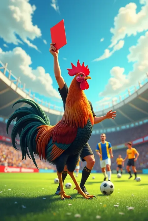 Soccer referee ejecting a rooster from the team