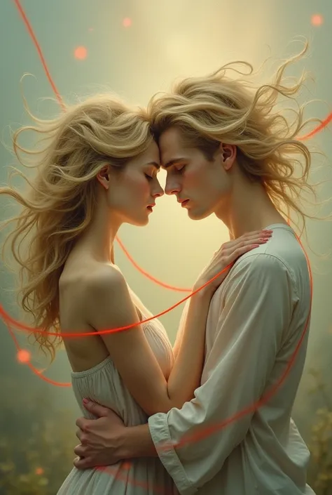 A painting. Couple (man and woman with blonde hair) looking sad and tired connected with red string. Twin flames. Man looks like he is fading away