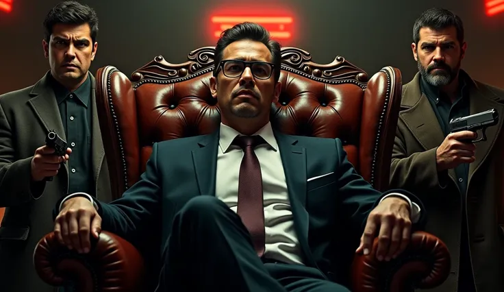 create a movie poster , a young and strong man mafia boss sitting in center on boss chair, wear glasses, gunmans standing behind, showing power, action movie poster, hyper details
