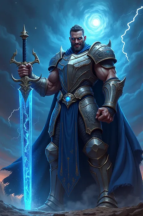 Man, using a galaxy strong sword, knighter suit,blue lightning eyes,death smile,buff man