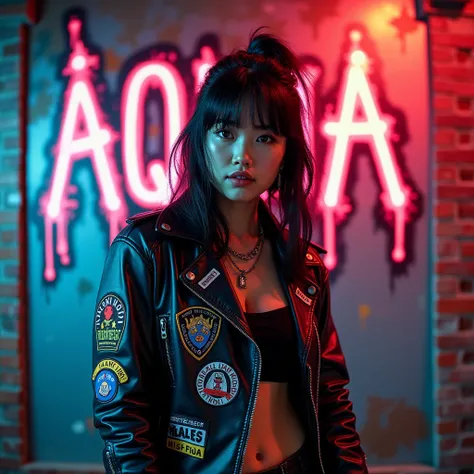 Woman 20 years old, asian, background with the letters AQUA, cool gangster girl, album cover