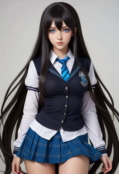 NSFW Long hair girl, black in color, blue colored eyes. with huge breasts, slim with hips and ass, no belly. Dressed as a realistic schoolgirl
