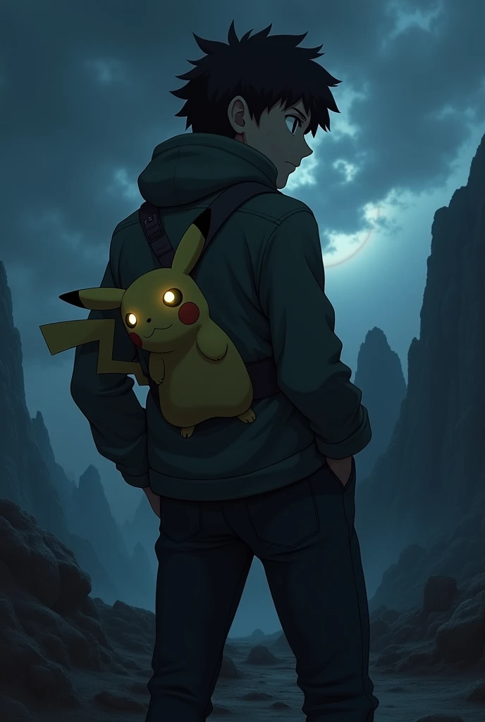 Pikachu is hidden in the pant of ash and the weather is open sky with dark environment 