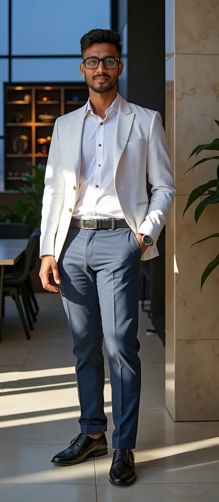 22 year old indian boy With fair skin Wearing spectacles and narrow body Posing for a linkedin picture in formals