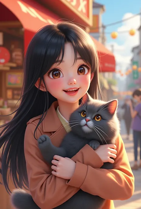 Make me a 4D picture of a Korean girl holding a cute gray Angora cat in front of a shop that says SRC OTRAN 