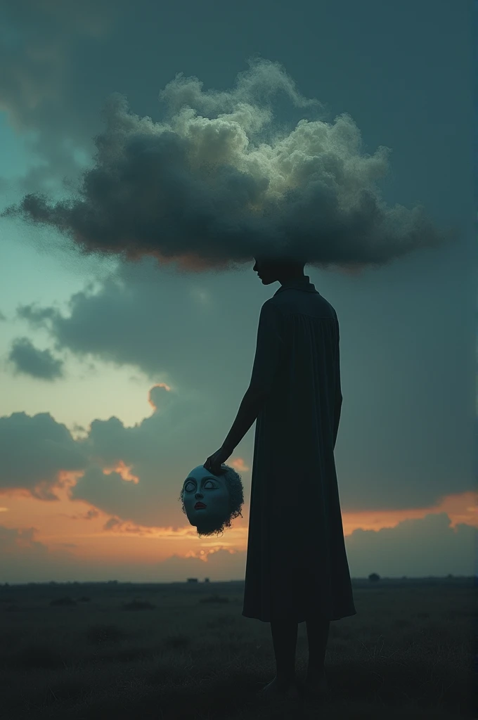 A person holds a head in their right hand, with a cloud above their head.