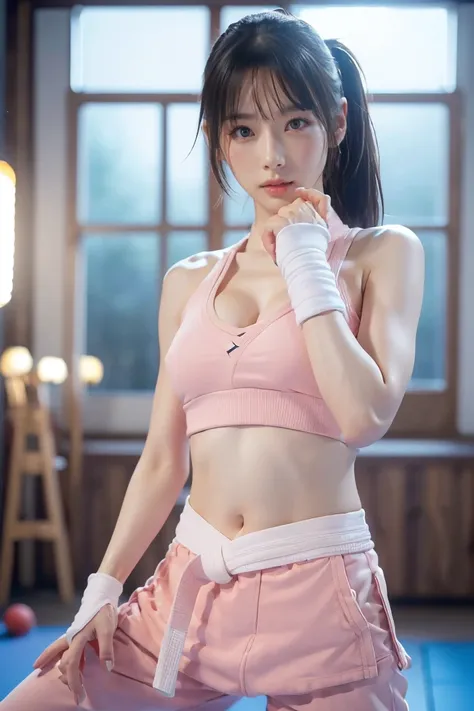 (I can see a sports bra)、(((Sexy pink karate uniform)))、A female karateka with bangs and twin tails.、Belly button and lower chest are visible、shiny skin、((Shy face))、((Turn your face away))、((look to the side))、((Blushed))、(tearful eyes)、cry、(((Karate dojo...