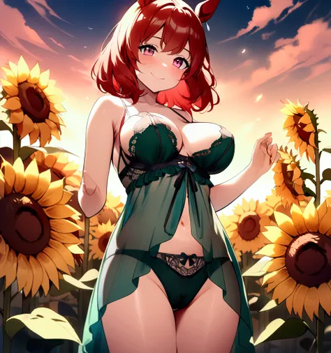 (((Horse Girl))), (((Nice Nature))), 1 person, (((A red, sheer babydoll outfit))), (((smile))), sexy, (((Temptation underwear))), High resolution, (((lingerie))),  (((Sunflower field))), (((Panties with a sheer crotch))), (((Costumes that reveal breasts)))...