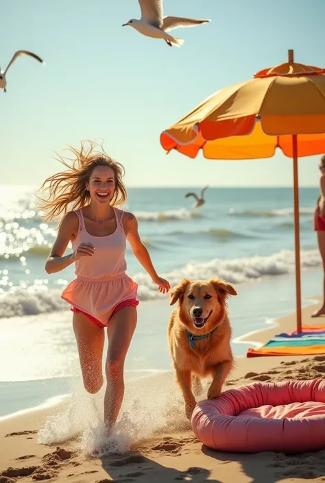 Advertisement for a dog bed brand Pretty Petty. A person is happily running and playing with a dog on the beach.