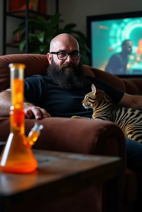 strong man, offwhite, bald man with a black beard and glasses. Golden earrings and a black rock band shirt. Sitting on a couch watching TV with a marijuana bong on the coffee table. On the couch should be a black and yellow scaly cat sleeping