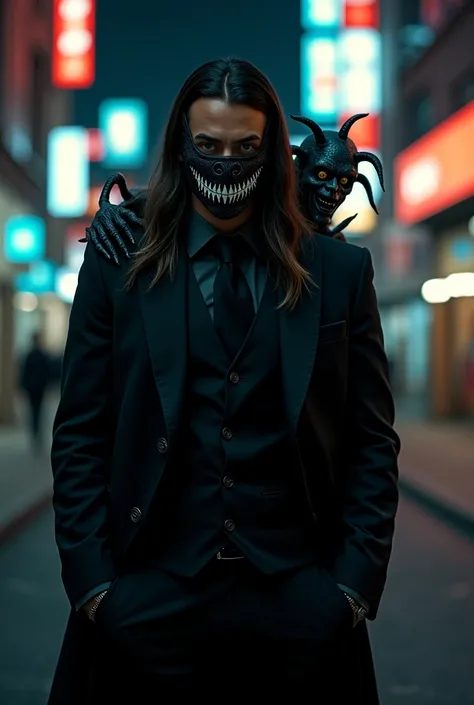 Tall man in an elegant black suit, with a black mask with a big white smile and white cyclone-shaped eyes, Long hair, with a demonic and smiling being on its back in the form of a static