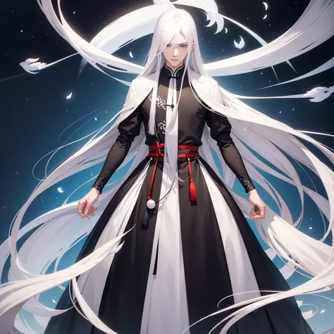 man with long straight white hair, fair skin, blue eyes, wearing black hanfu. surrounded by arms, many arms around the man.