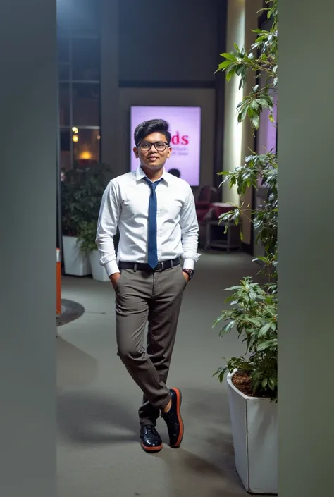 22 year old indian boy With fair skin Wearing spectacles and narrow body Posing for a linkedin picture in formals with this image prompt which I uploaded 