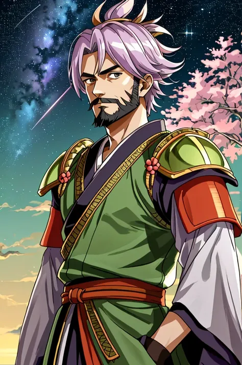 Highest quality, masterpiece, High resolution,，（Toyotomi Hideyoshi），（smug face），Military commander、kimono，One-Valley Mallow-Leaf After-Standing Helmet，（Starry sky and sea_background），Middle-aged men，Bearded，Anime Style, 4K, alone，whole body， looking at the...