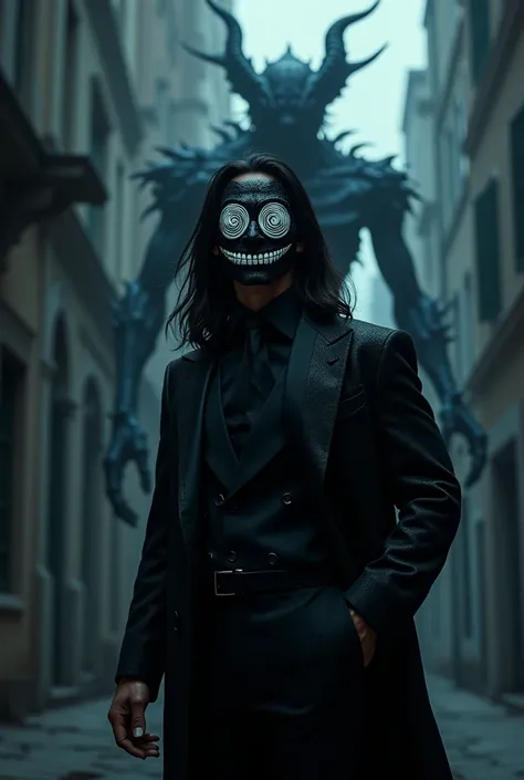 Tall man in an elegant black suit, with a black mask with a big white smile and white cyclone-shaped eyes, Long hair, with a demonic, smiling being on its back in the form of a television static 