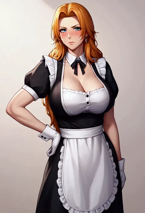 score_9, score_8_up, score_7_up, score_6_up, score_5_up, score_4_up,
source_anime, realistic,
1 girl, standing, cowboy shot, cafe,
Matsumoto rangiku, solo, 
large breasts, milf, mature woman,
Orange_hair, long hair, blue eyes, earrings,
maid, black dress, ...