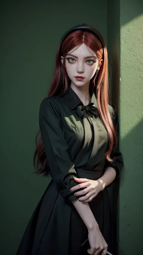  Yandere slender white girl with long red hair and green eyes ((black eye makeup with eyeliner and eye pencil))Threatening look she is standing leaning against a wall holding a knife near her face black lipstick on her lips with a threatening look she wear...