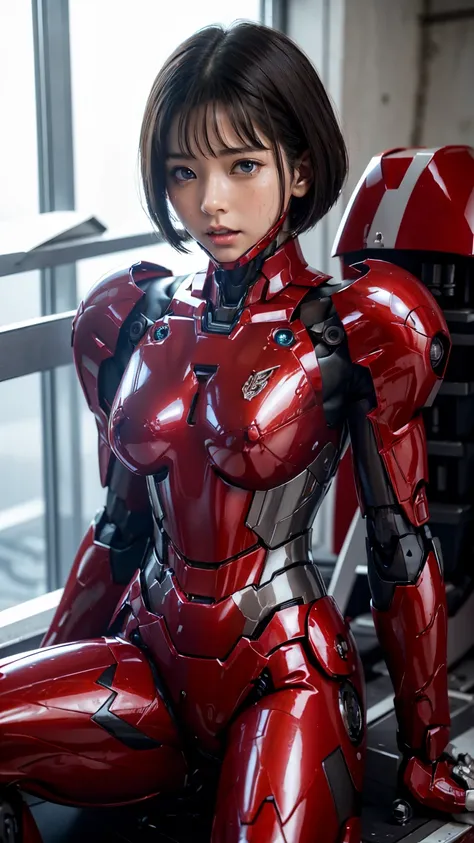 Female Iron Man(Red and Black)、shine、Shortcuts、Textured skin, Super Detail, Attention to detail, high quality, 最high quality, High resolution, 1080P, hard disk, beautiful,(Gundam),beautifulサイボーグ女性,Mecha Cyborg Girl,BATTLE MODE,Girl with a mechanical body,S...