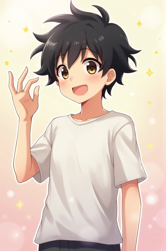 Simple anime boy character standing ( black hair) brown eyes hand in explaining gesture 