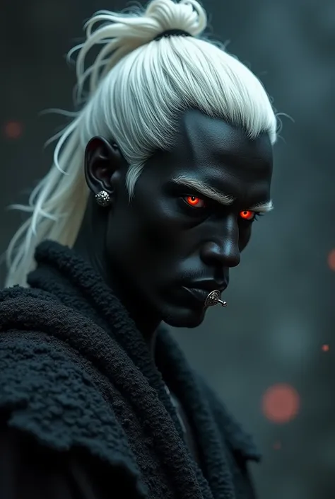 portrait of a fictional warrior. he has black shiny skin, platinum blonde hair that reaches down to his shoulders and the upper half is tied up in a manly bun. he has white eyebrows, white eyes and no beard. He wears a silver piercing ring in the middle of...