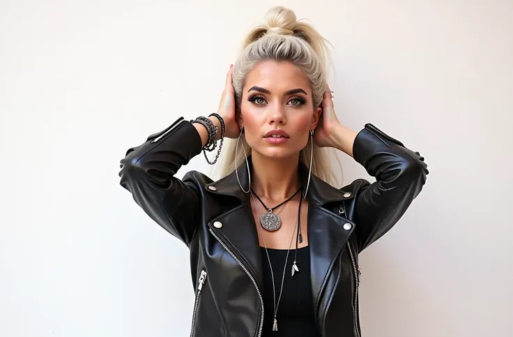 Thin Russian women, thin, platinum hair with top bun, very light grey eyes and big lips. Wears black leather jacket, cropped metal band t-shirt, dark grey skinny jeans and white tennis sneakers. Wide loop earrings. Lots of metal bracelets, pendants, collar...