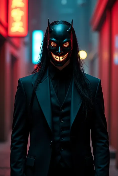 Tall man in an elegant black suit, with a black mask with a big white smile and white cyclone-shaped eyes, Long hair, with a demonic, smiling being on its back in the form of a television static 