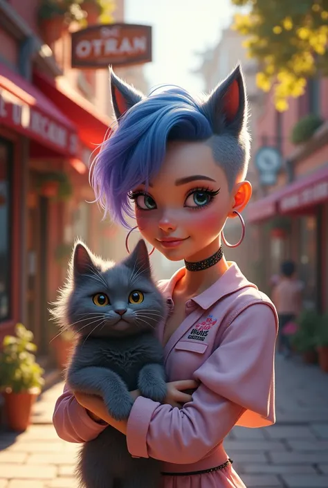 Draw me a 4D picture of a girl with a wolf cut hairstyle holding a cute gray angora cat in front of a store that says SRC OTRAN 