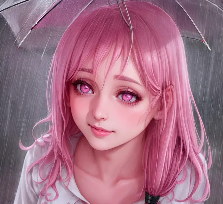 a school girl with pink umbrella, rainy day, feel lovely, 1girl, beautiful detailed face and eyes, detailed nose and lips, long eyelashes, holding a pink umbrella, standing under rain, gentle smile, warm lighting, pastel colors, cinematic composition, soft...