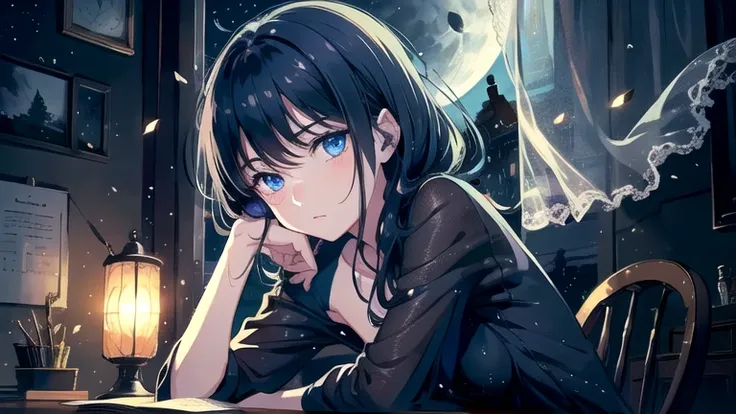 Create an illustration of black hair and blue eyes, sitting in a chair in front of a desk, Sentimental, Introspective look。, The moonlight gently shines into the room, Gently illuminate the space, Curtains sway in the wind, Increase tranquility, Dark mood,...