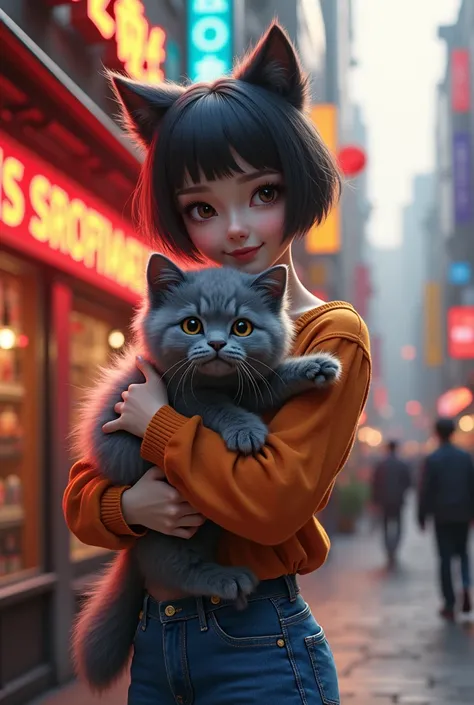 Create a 4D image of a girl with a wolf cut hairstyle holding a cute grey angora cat in front of a store that says SRC OTRAN in HD quality