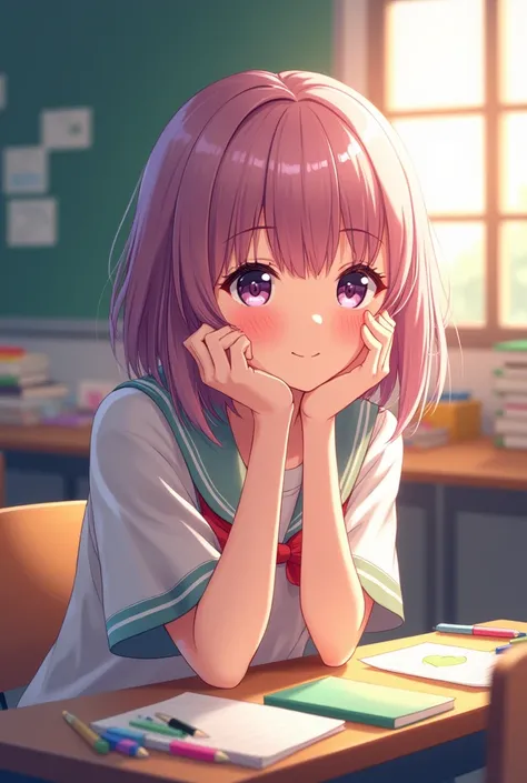 An anime-style female student character with glass short hair sitting next to me or sharing the same desk, looking at me with her hand touching her cheek, and smiling sweetly and cutely."

This description can be used as a prompt for creating a clear 4K qu...