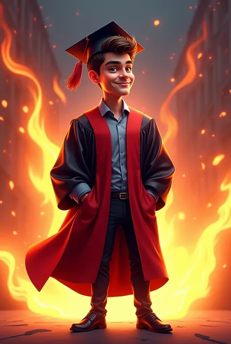 Realistik Karikature, A young man, wearing black graduation hat, black shoes, in red  and black graduation gown, fire effect background, neon lighting effect 