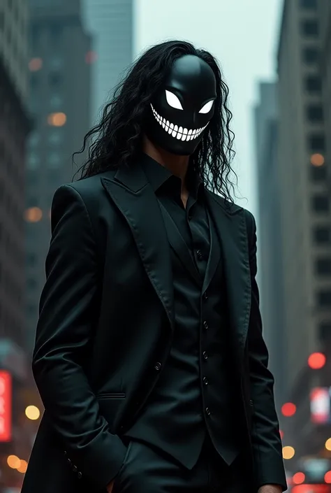 Tall man in an elegant black suit, with a black mask with a big white smile and white cyclone-shaped eyes, Long hair, with a demonic, smiling being on its back in the form of a television static 