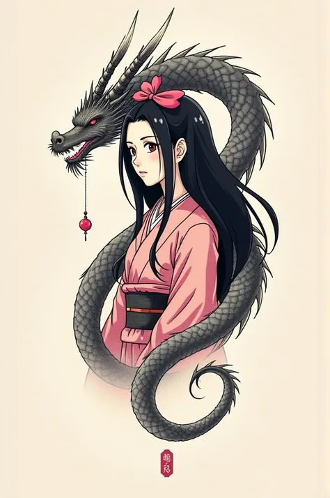 Create me a simple tattoo of Nezuko from Demon Slayer, avec un dragon simple qui lentoure 