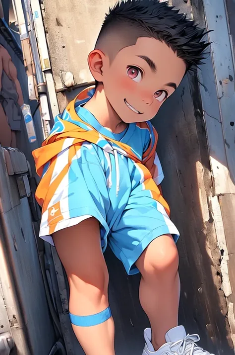 (Shota:1.5),(((Highest quality))),(((masterpiece))),(((Very detailed))),(((High resolution))),One person,Short sleeveＴshirt,Short shorts,White socks,Blue sneakers,Cheerful boy,Japanese,Buzz Cut,(((Spiked Hair))),Black Hair,(Point pupils),Skinny body,Baby F...