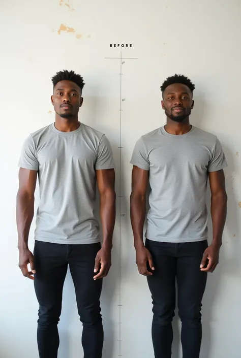 A before and after picture of a 25 years old brown skinned man standing in-front of white wall that have small stains, who increased his height by 20 centimeters, wearing a t-shirt, make it realistic