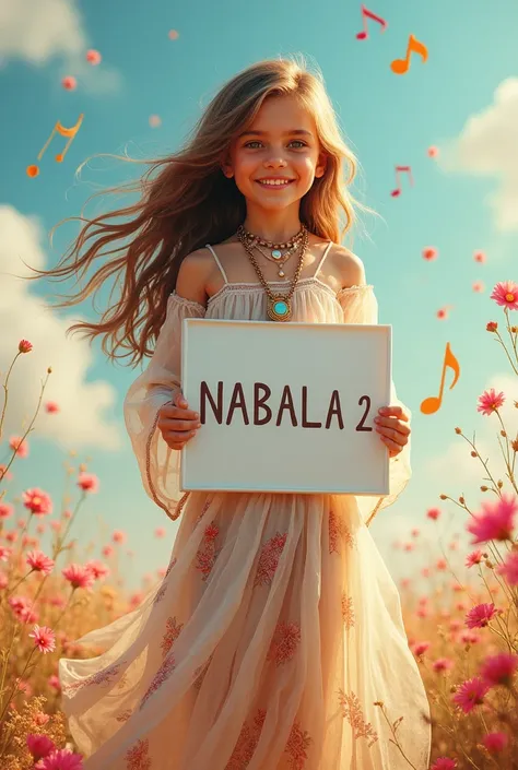 Beautiful boy  with wavy long hair, bohemian dress, holding a white board and sing with name NABALA 02 beside shirt
