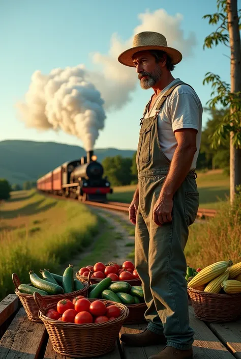 Farmer waiting for the train with vegetables