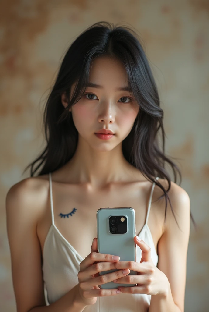 sweet 19 year old girl, black hair , fully body, in front of the mirror taking a picture with the cell phone, appealing, make it look very real, Very delicately, Korean