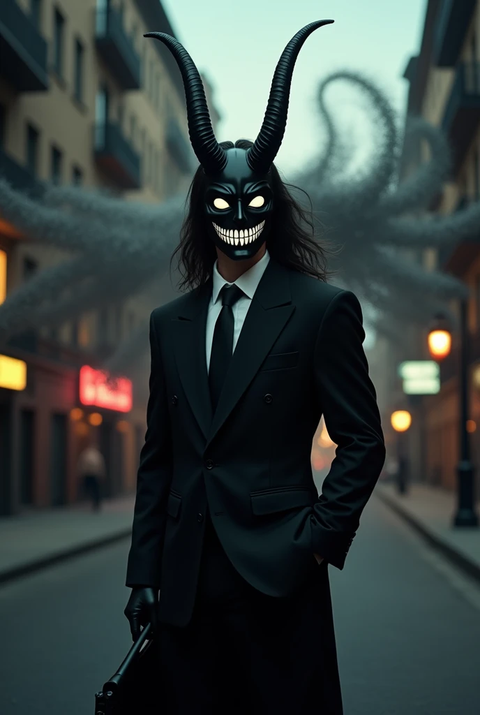 Tall man in an elegant black suit, with a black mask with medium-sized horns, a big white smile and cyclone-shaped white eyes, Long hair, with a demonic, smiling being on its back in the form of a television static 