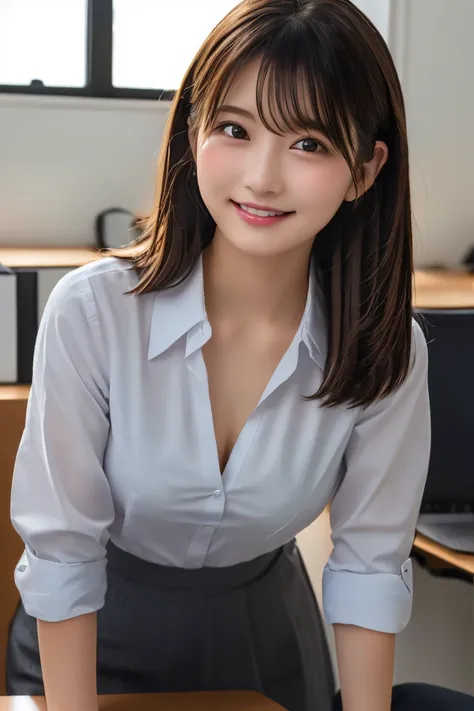 Highest quality, (beautiful)、beautiful女性、Precision Eyes、Brown Hair、Brown eyes、Looking into the camera、Soft Breasts、Medium Hair、Inward curl hair、Straight Hair、Half Up Hair、office、smile、open front business shirt、Sit on a chair、Leaning forward、slouch